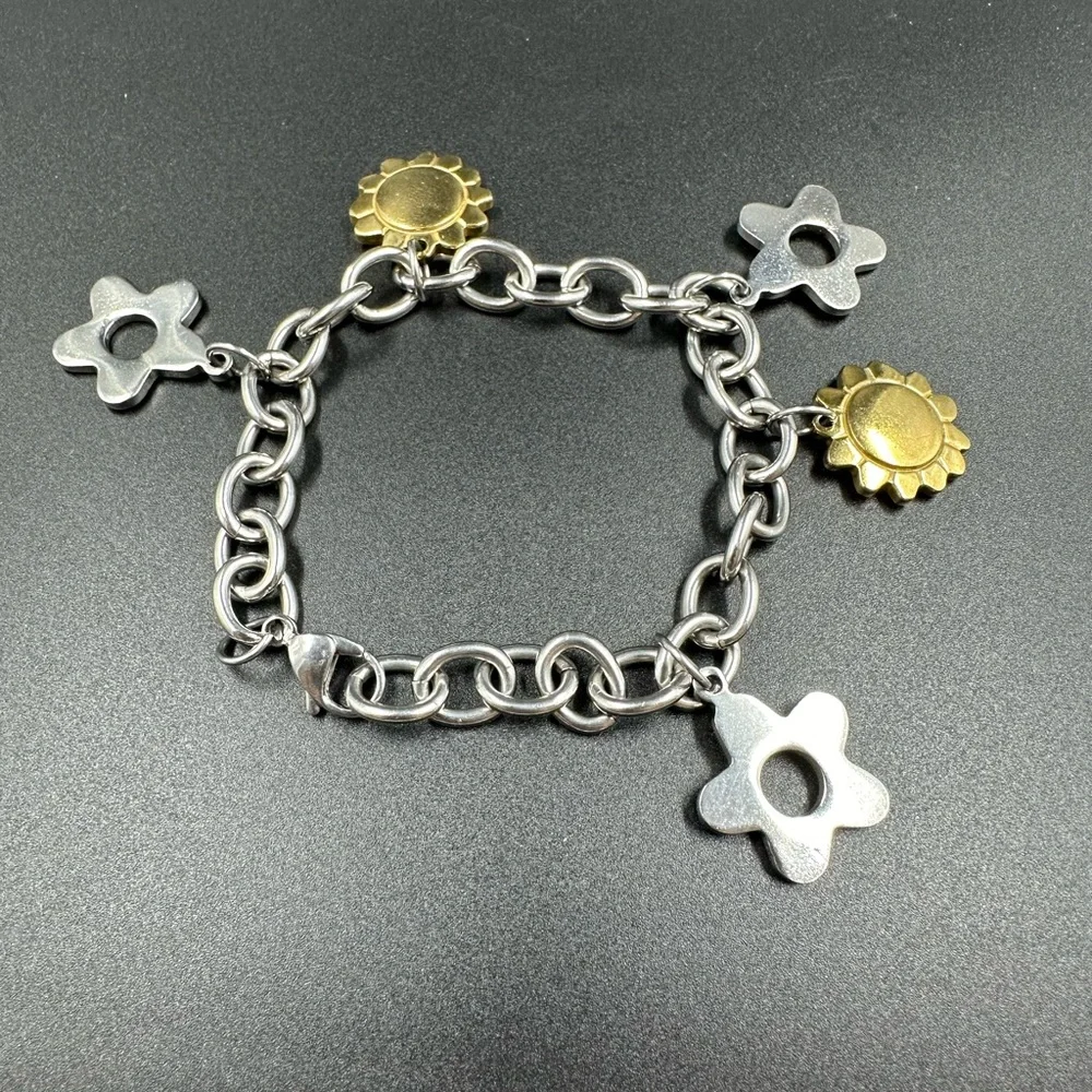 Two Tone Stainless Steel Star and Sun Charm Bracelet